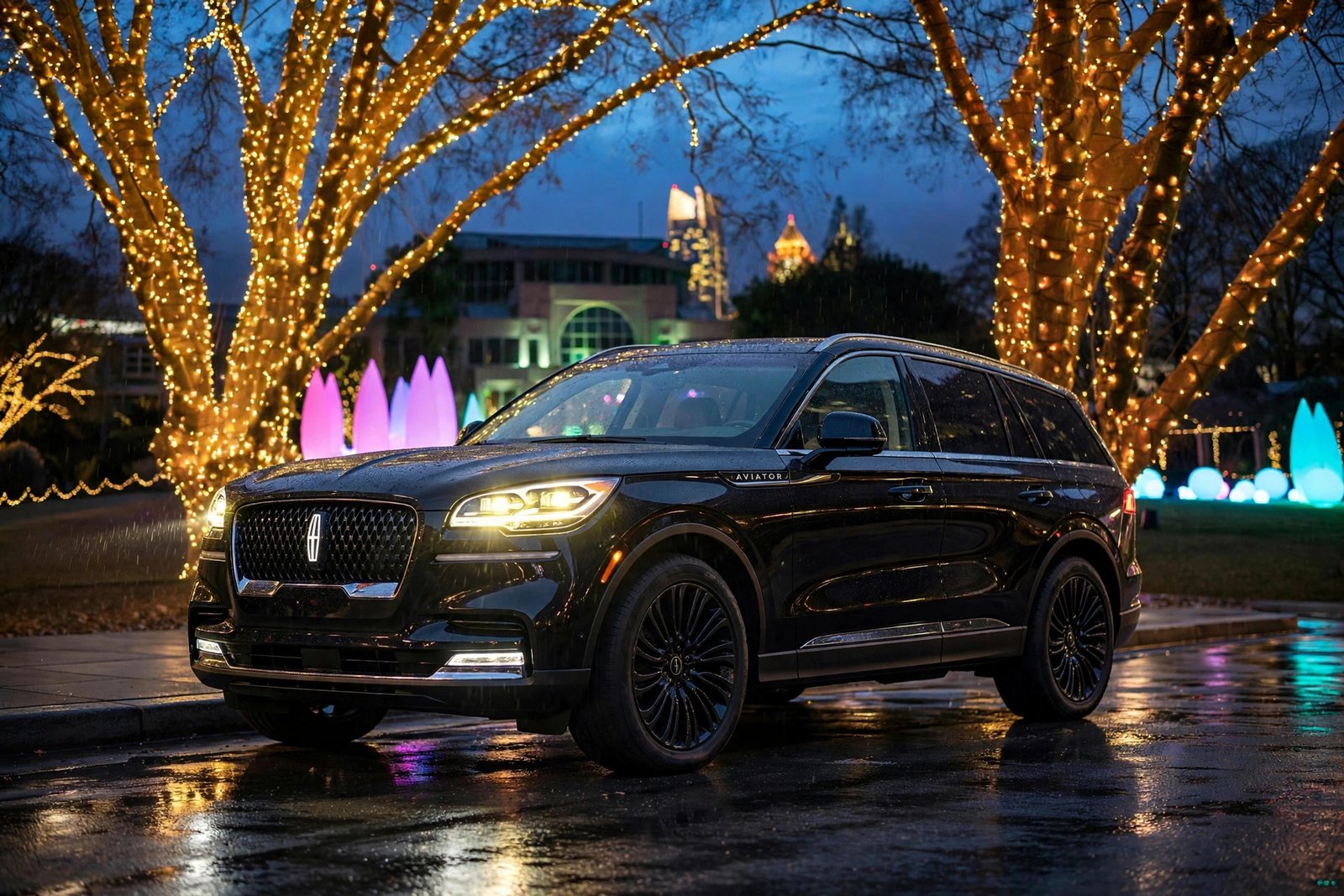 Black Lincoln Aviator at the curb with holiday lights glowing behind it