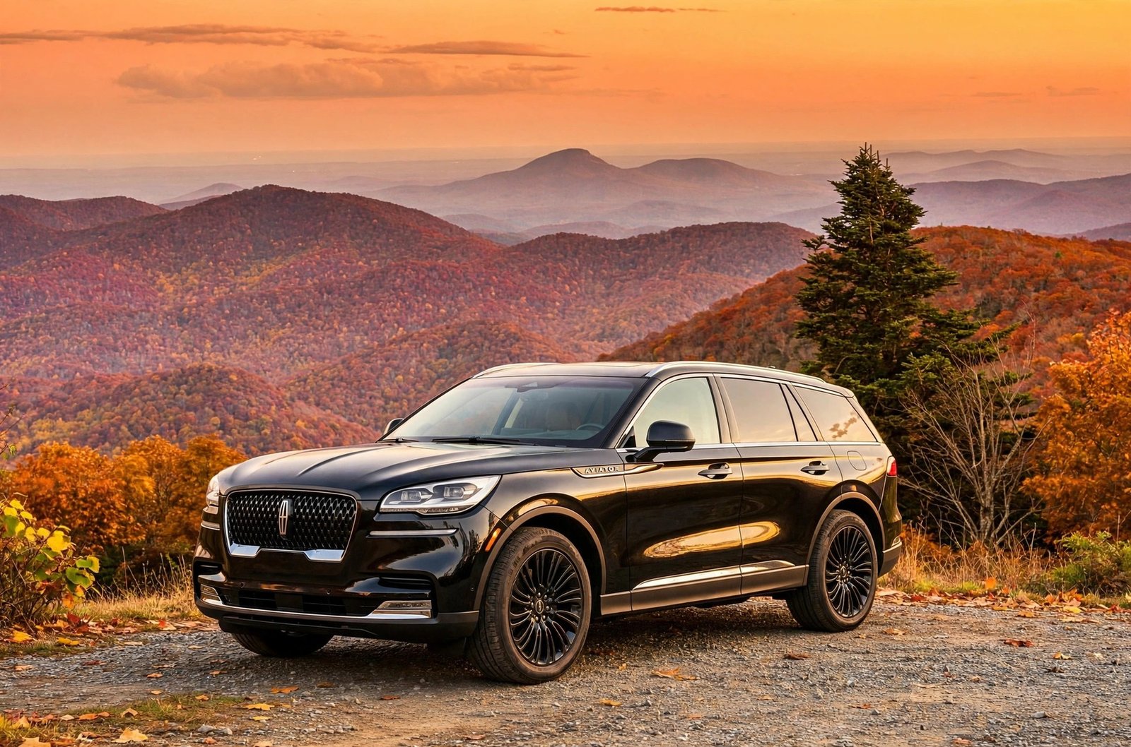Black Lincoln Aviator at a Brasstown Bald overlook in peak Georgia fall color