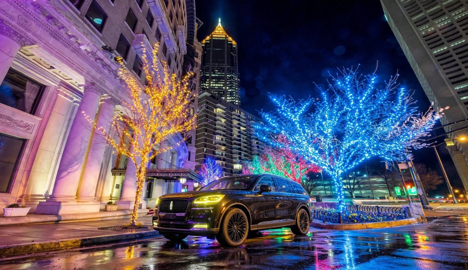 Black Lincoln Aviator at the curb with Atlanta Christmas lights glowing behind it