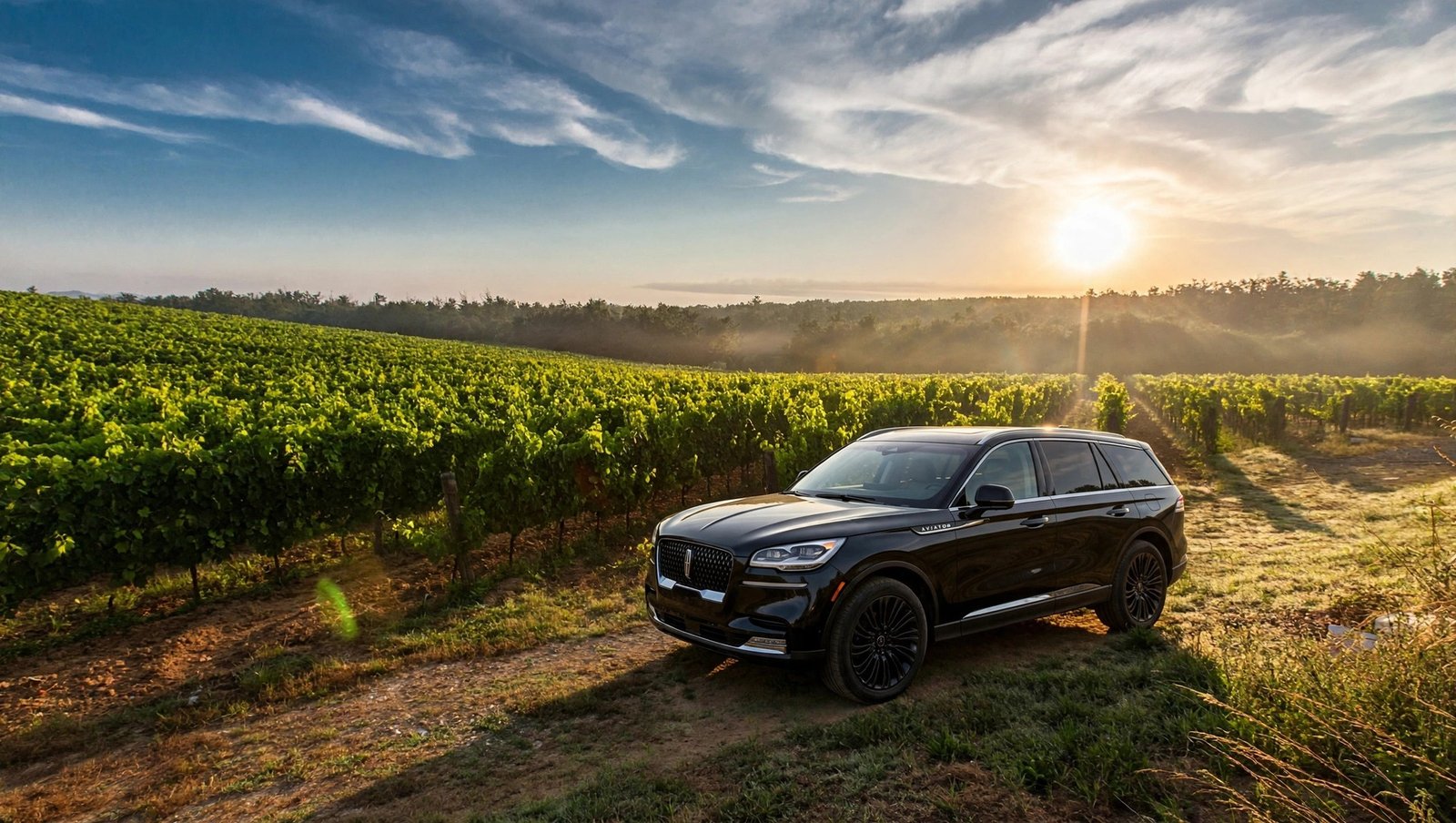 Black Lincoln Aviator parked at a North Georgia vineyard at golden hour